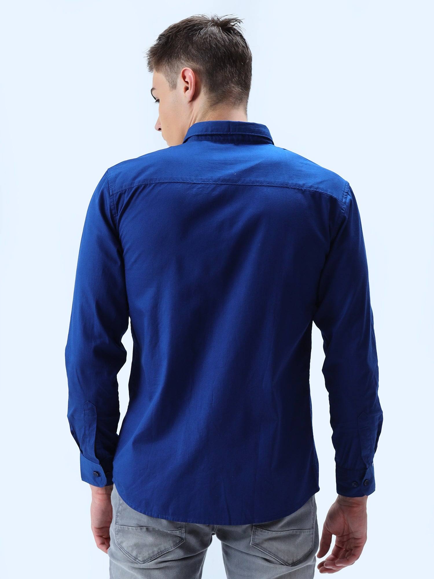 Blue Solid Cotton Full Sleeve Shirt - Guniaa Fashions