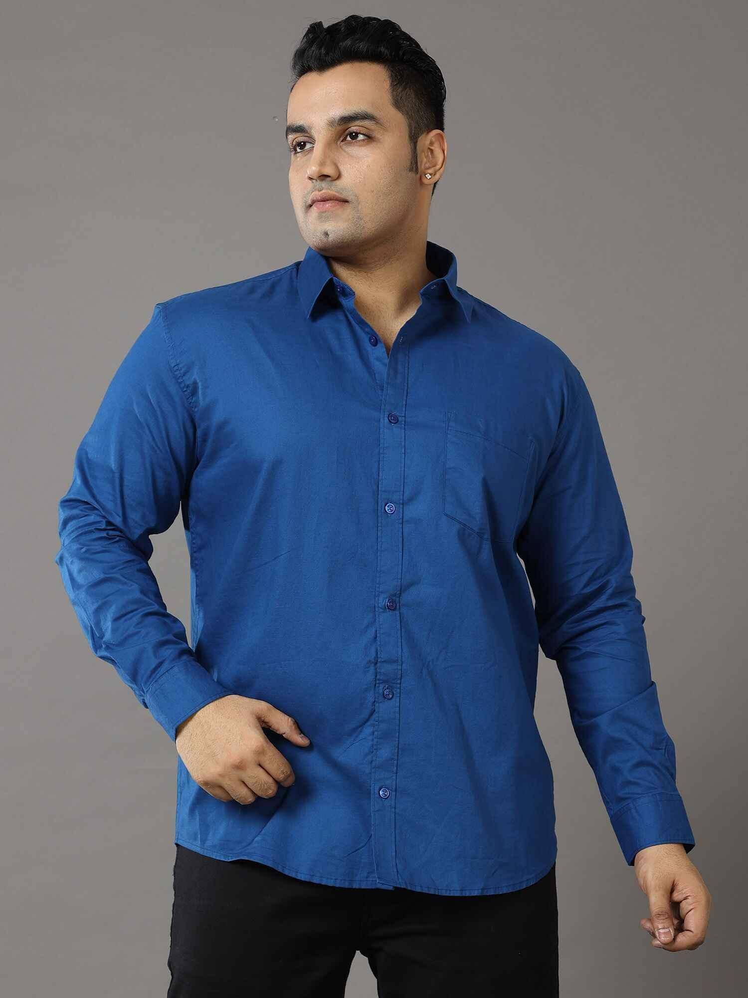 Blue Solid Pure Cotton Shirt Men's Plus Size - Guniaa Fashions