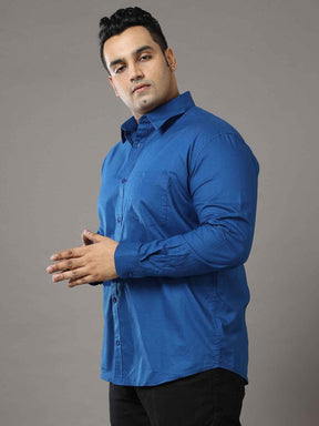 Blue Solid Pure Cotton Shirt Men's Plus Size - Guniaa Fashions