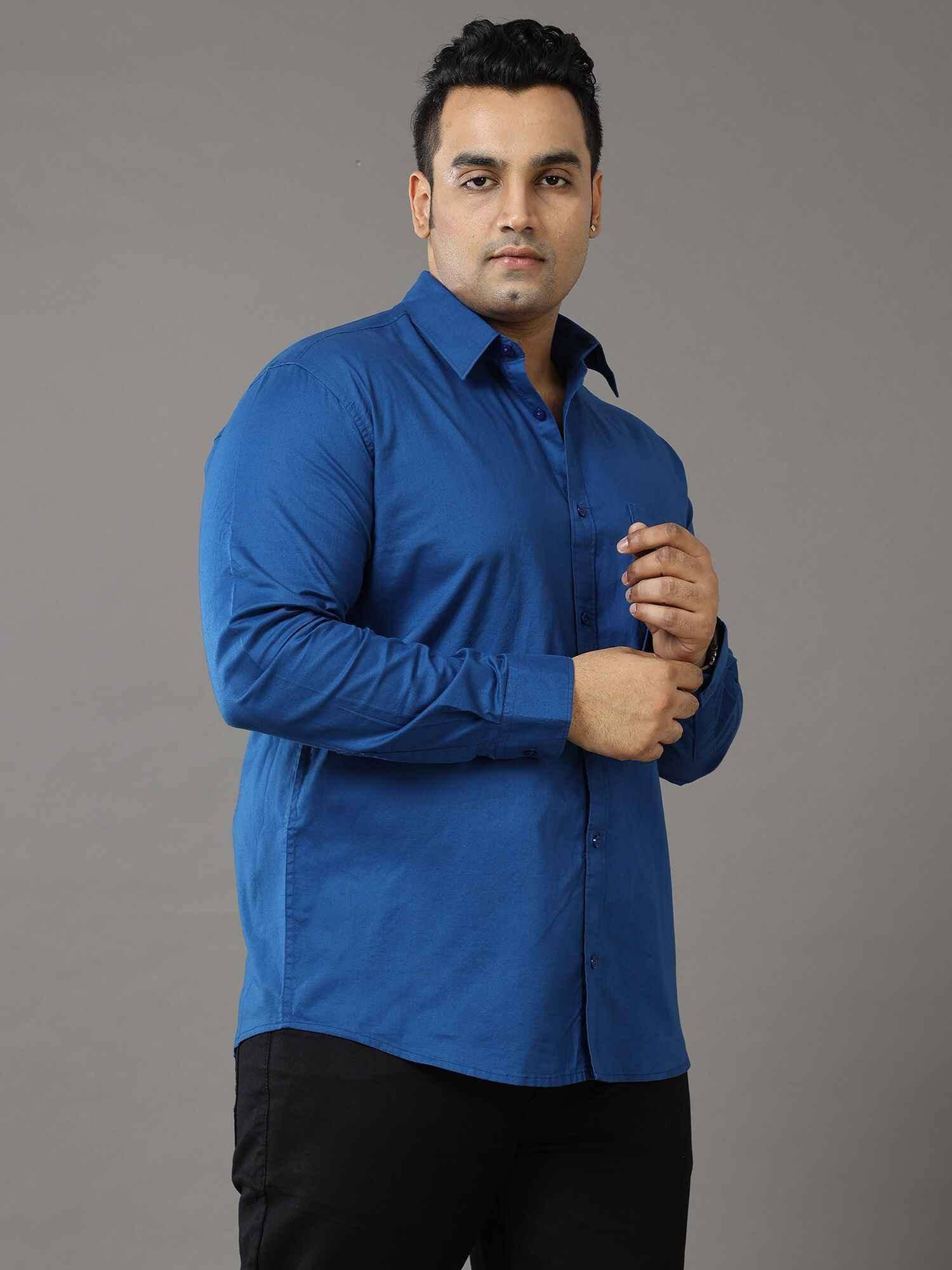 Blue Solid Pure Cotton Shirt Men's Plus Size - Guniaa Fashions