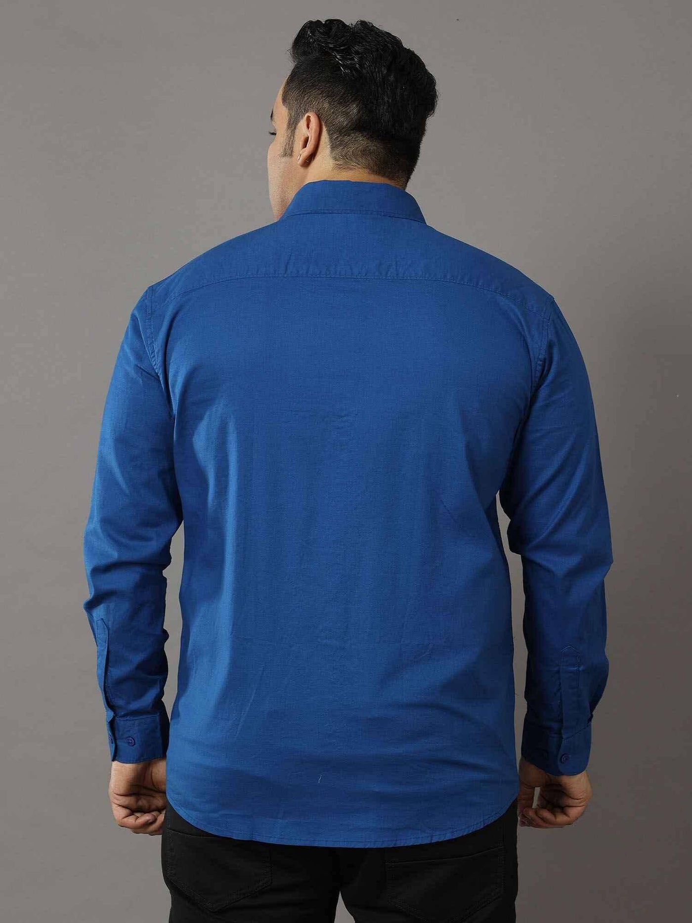 Home Blue Solid Pure Cotton Shirt Men's Plus Size