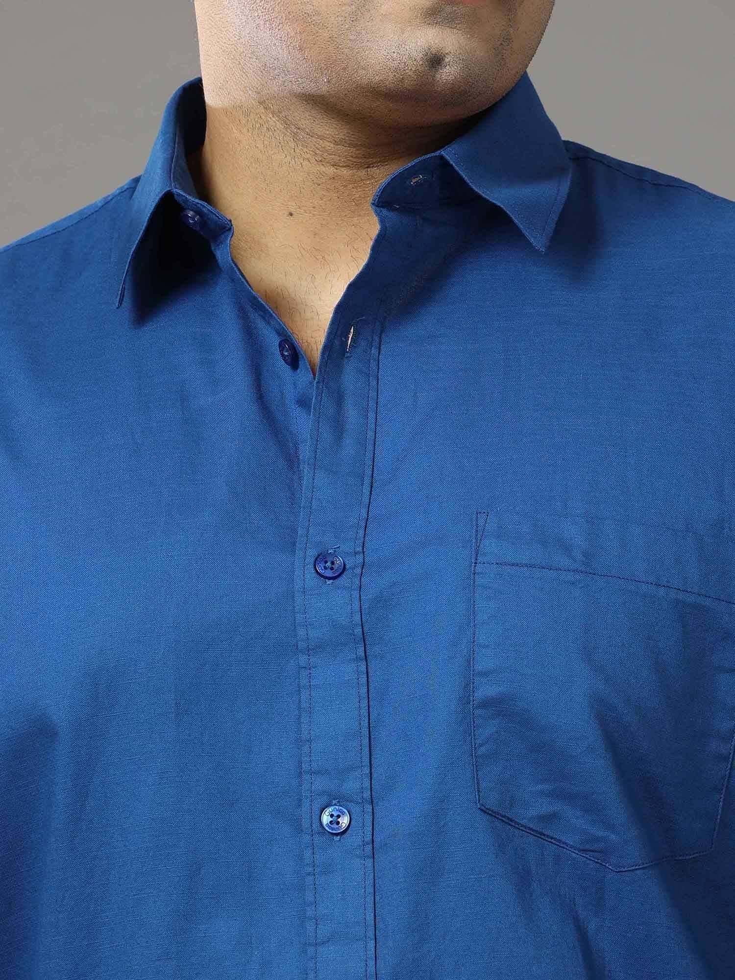 Blue Solid Pure Cotton Shirt Men's Plus Size - Guniaa Fashions