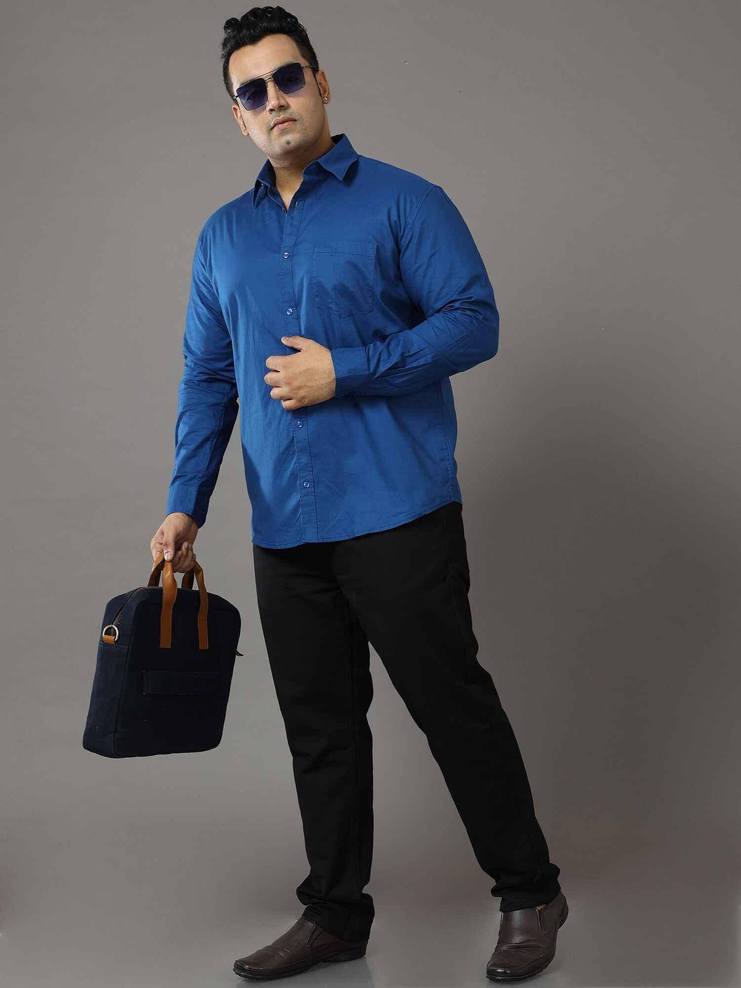 Blue Solid Pure Cotton Shirt Men's Plus Size - Guniaa Fashions