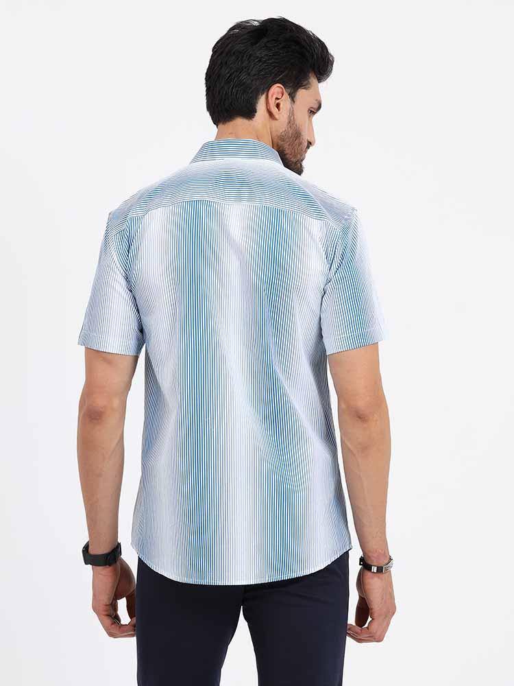 Blue White Stripe Printed Half Sleeve Shirt - Guniaa Fashions