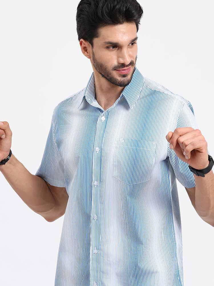 Blue White Stripe Printed Half Sleeve Shirt - Guniaa Fashions