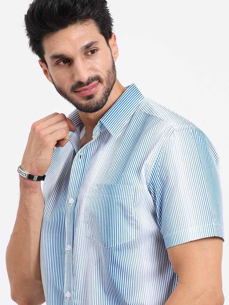 Blue White Stripe Printed Half Sleeve Shirt - Guniaa Fashions