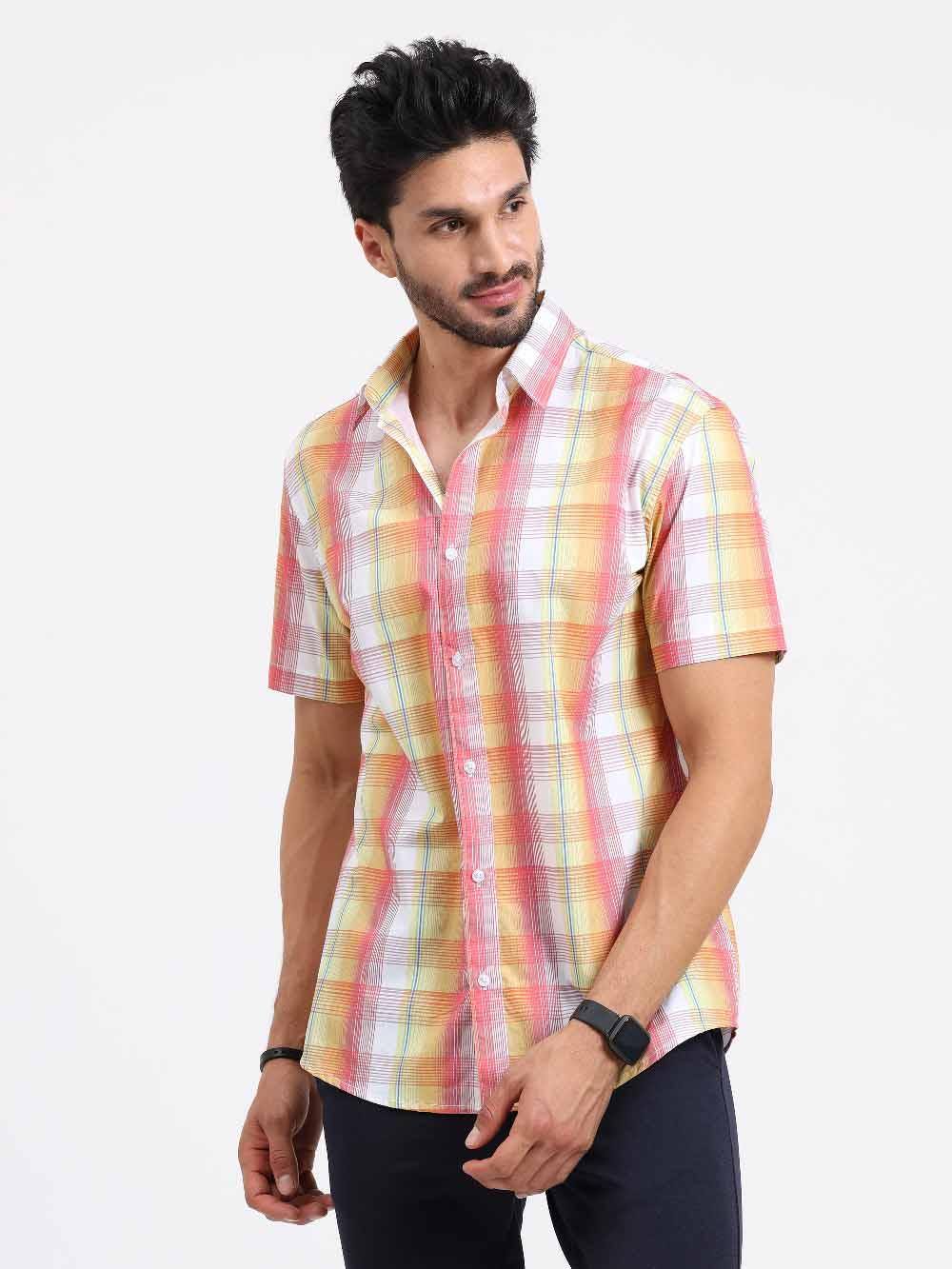 Blush Printed Checks Half Sleeve Shirt - Guniaa Fashions