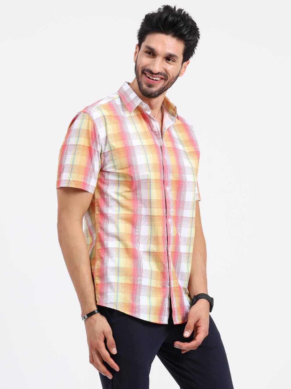 Blush Printed Checks Half Sleeve Shirt - Guniaa Fashions