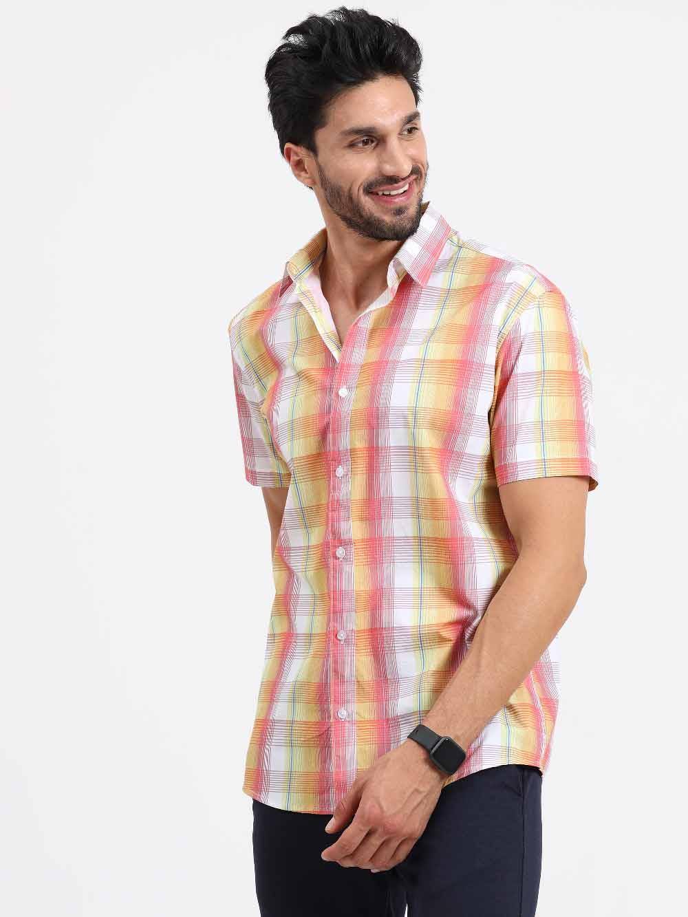 Blush Printed Checks Half Sleeve Shirt - Guniaa Fashions