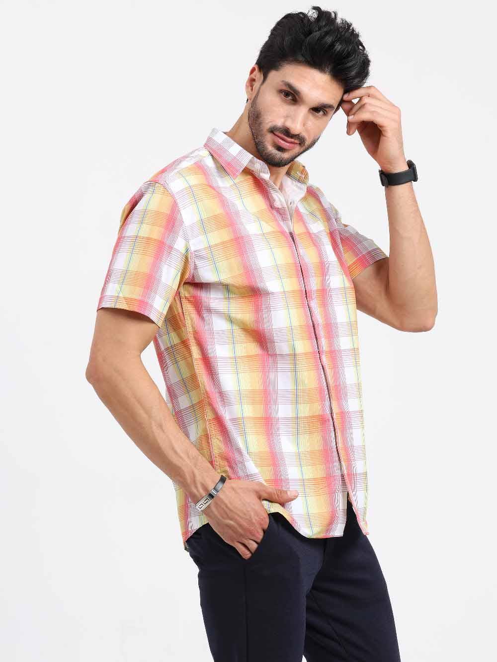 Blush Printed Checks Half Sleeve Shirt - Guniaa Fashions