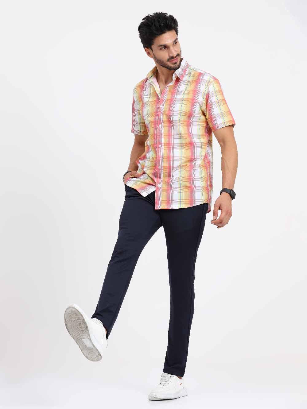 Blush Printed Checks Half Sleeve Shirt - Guniaa Fashions