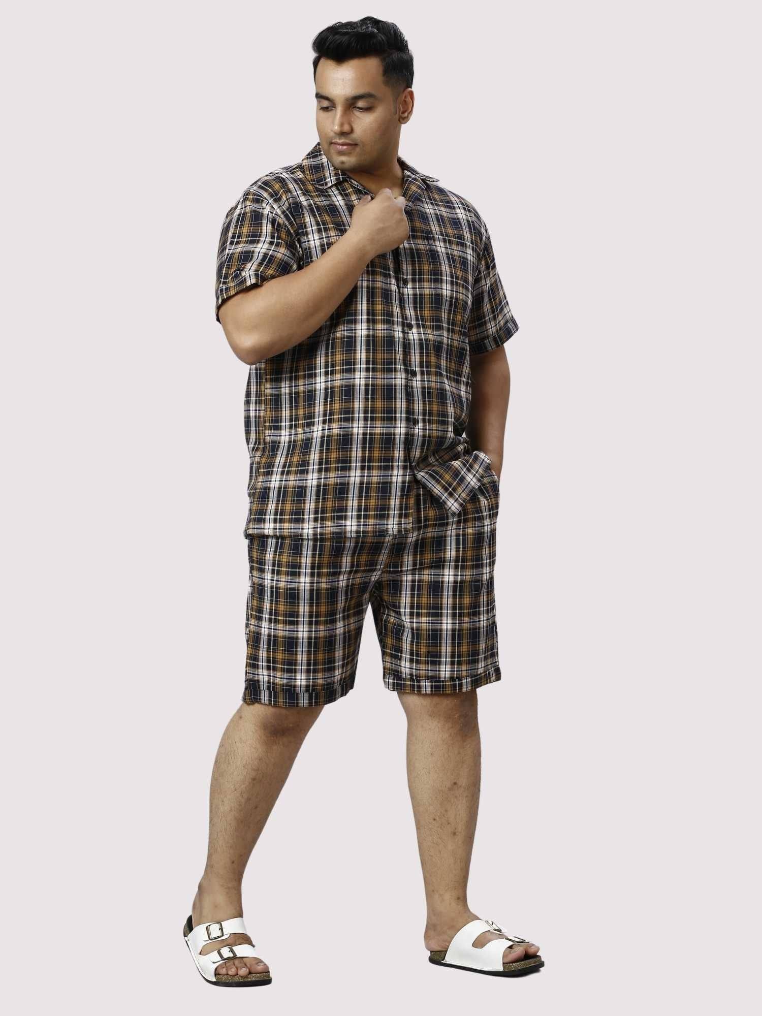 Brown Derby Checks Printed Half Co-ords Set Men's Plus Size - Guniaa Fashions