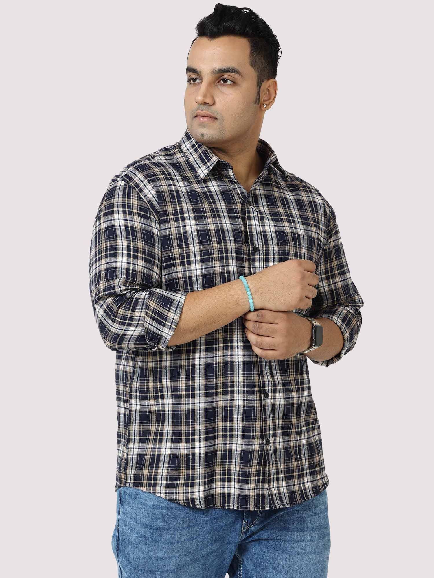 Brown on White Checkered Cotton Full Shirt Men's Plus Size - Guniaa Fashions