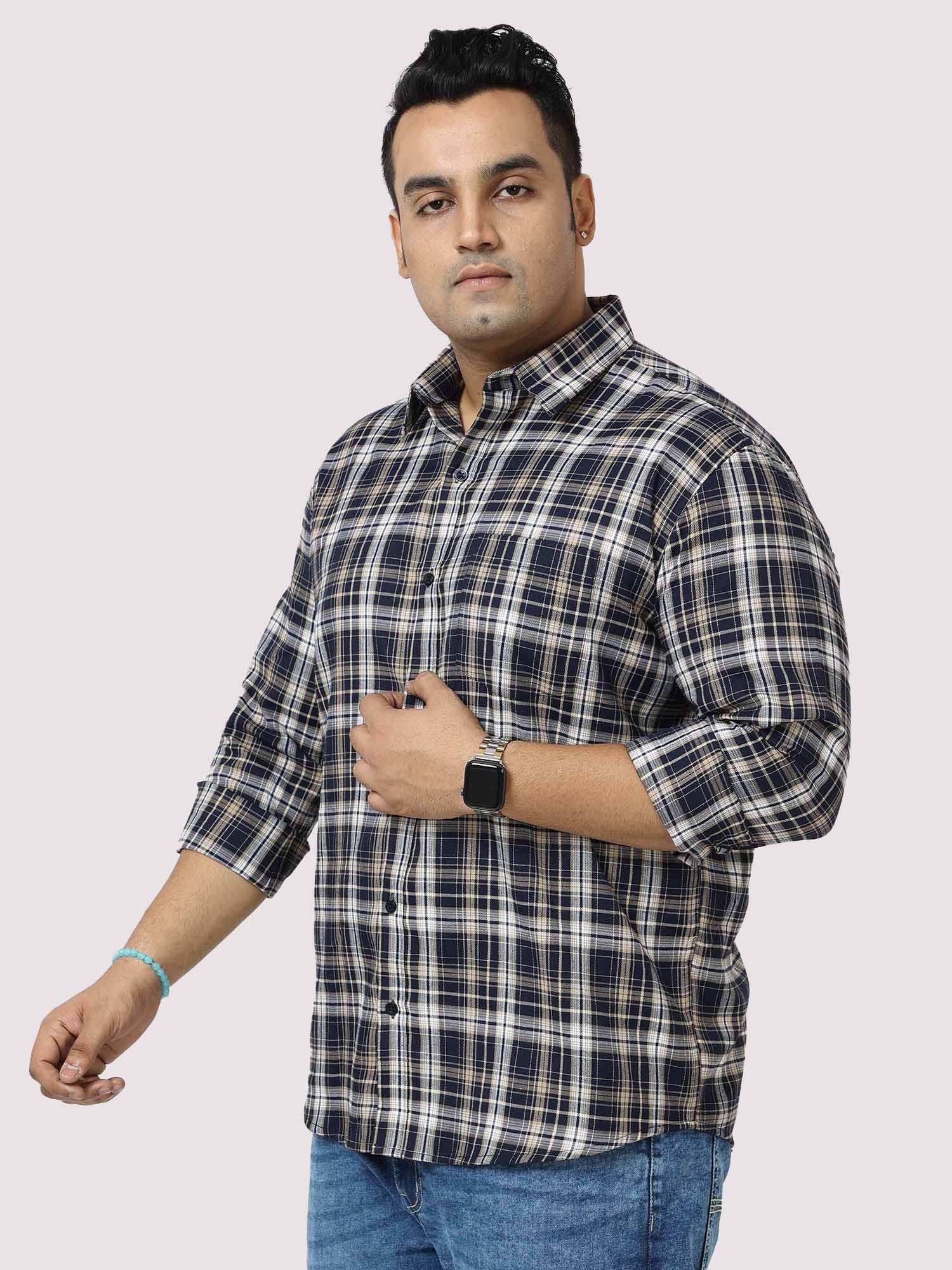 Brown on White Checkered Cotton Full Shirt Men's Plus Size - Guniaa Fashions