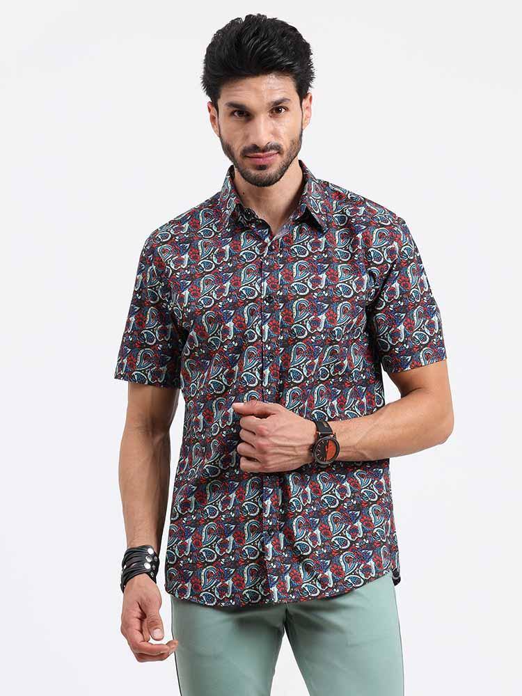 Brown Paisley Printed Cotton Half Sleeve Shirt - Guniaa Fashions