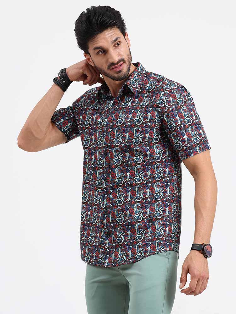 Brown Paisley Printed Cotton Half Sleeve Shirt - Guniaa Fashions