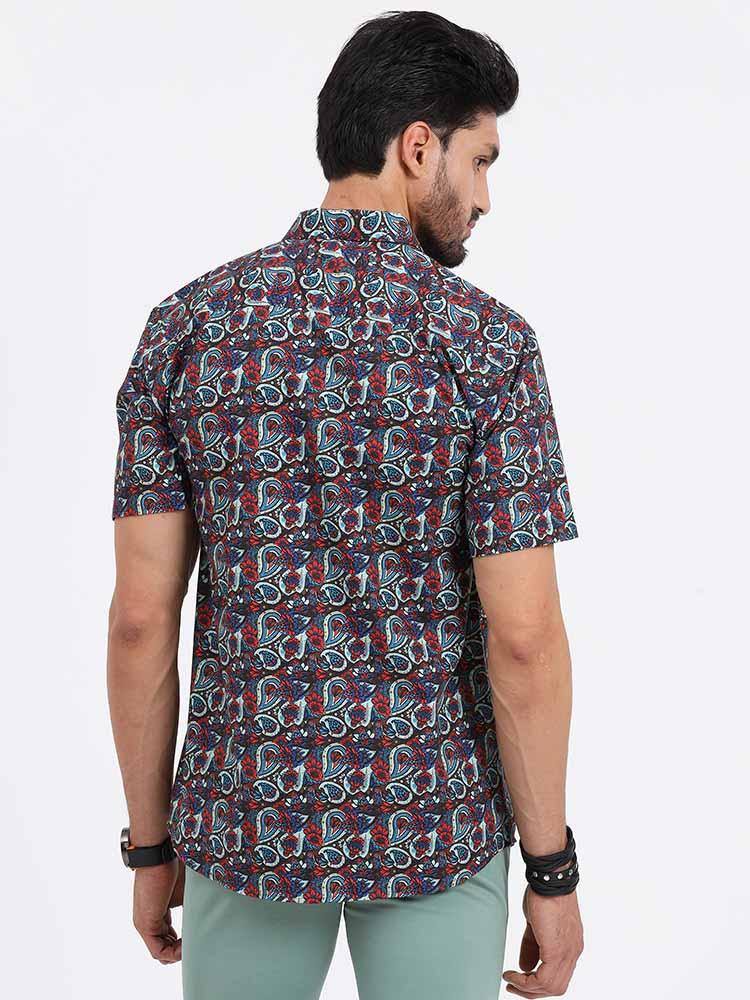 Brown Paisley Printed Cotton Half Sleeve Shirt - Guniaa Fashions