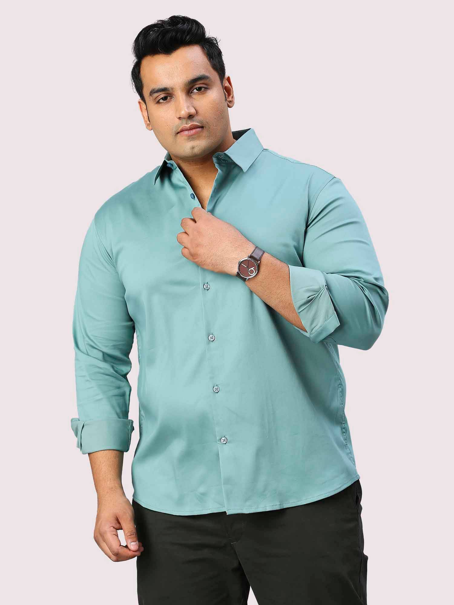 Celestial Blue Solid Stretchable Cotton Shirt Men's Plus Size - Guniaa Fashions