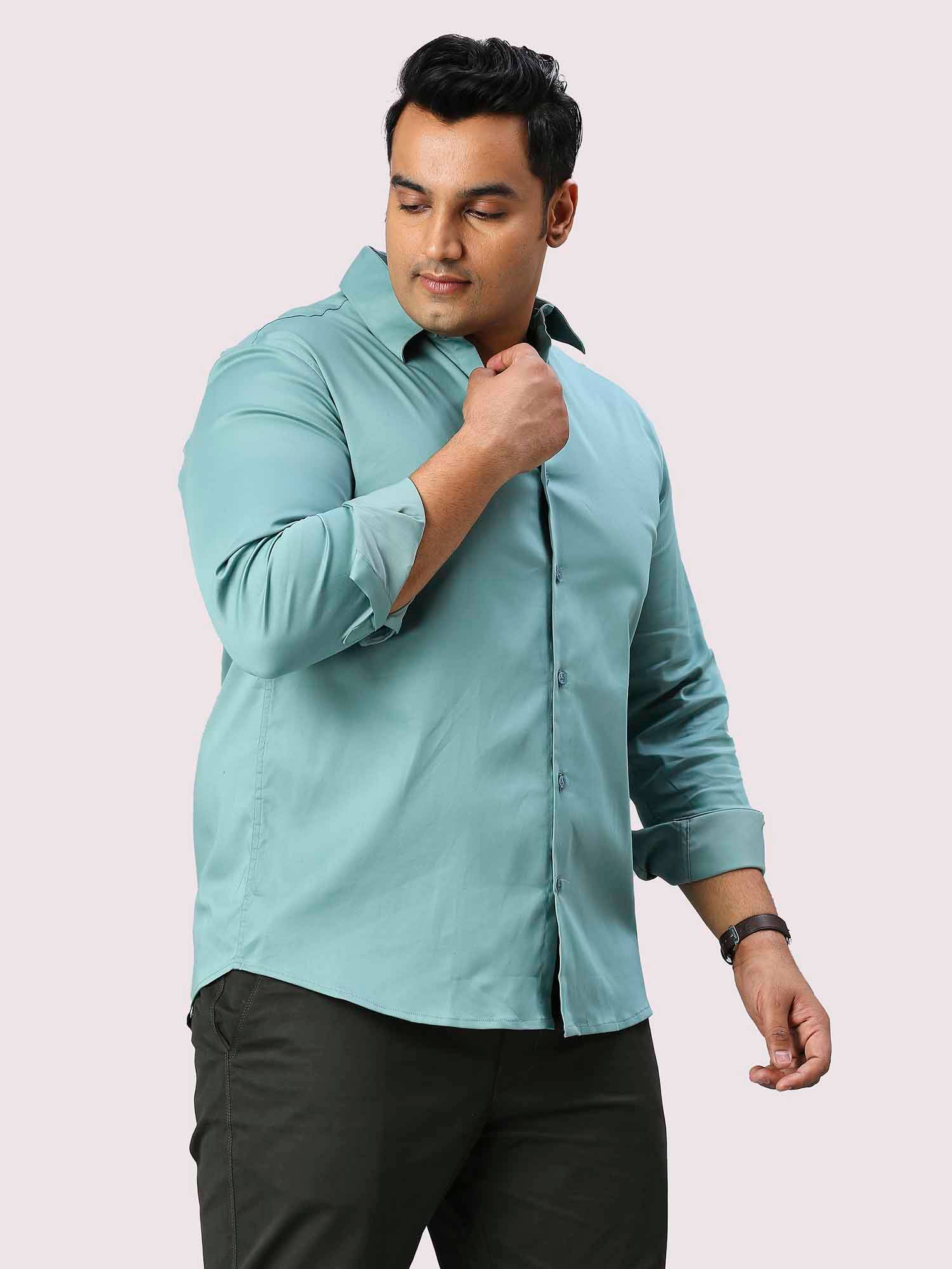 Celestial Blue Solid Stretchable Cotton Shirt Men's Plus Size - Guniaa Fashions