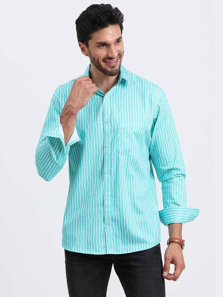 Cyan Stripe Printed Full Sleeve Shirt - Guniaa Fashions