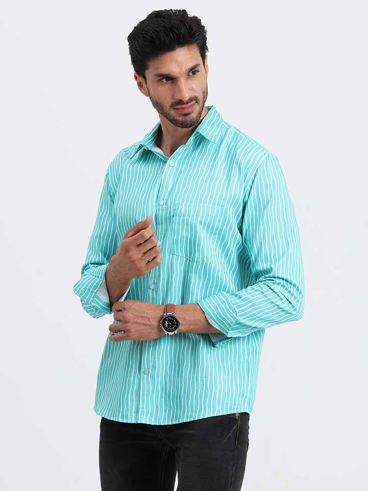 Cyan Stripe Printed Full Sleeve Shirt - Guniaa Fashions