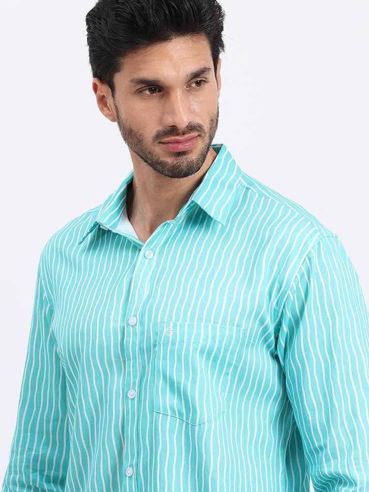 Cyan Stripe Printed Full Sleeve Shirt - Guniaa Fashions