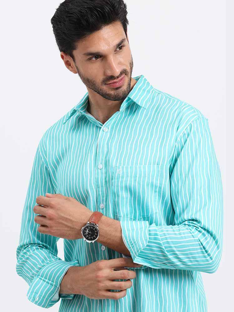 Cyan Stripe Printed Full Sleeve Shirt - Guniaa Fashions