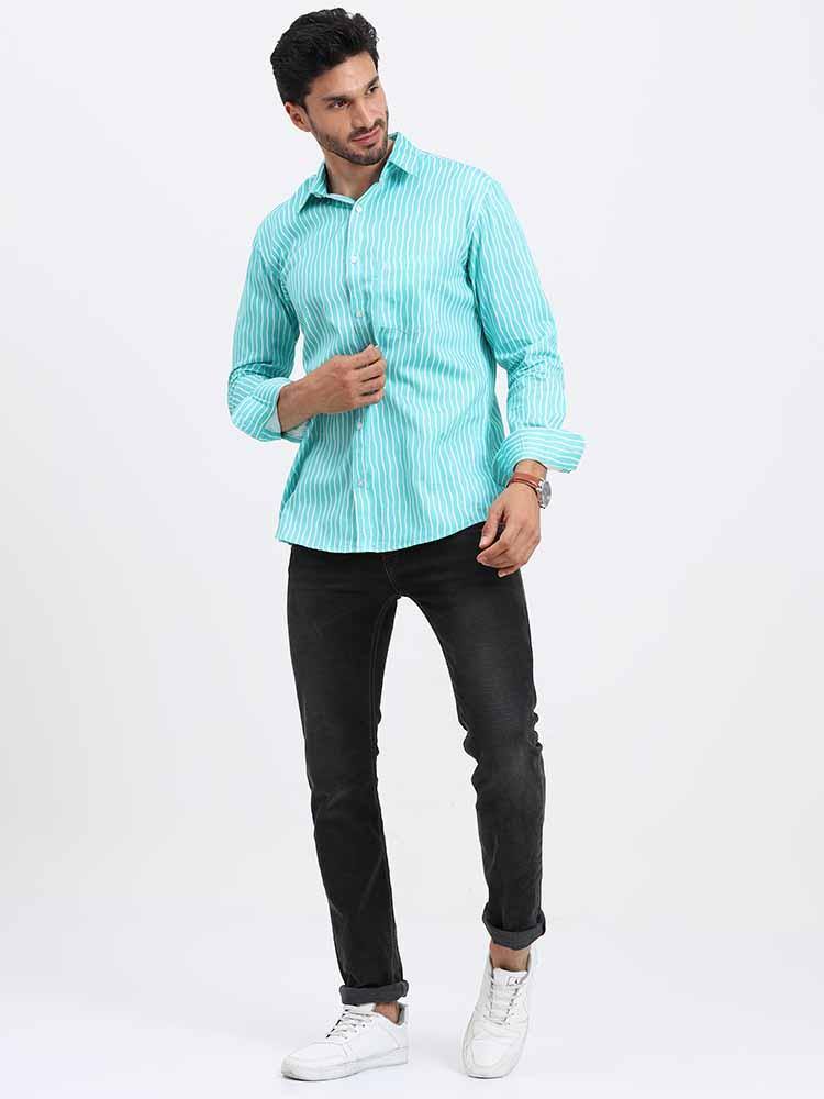 Cyan Stripe Printed Full Sleeve Shirt - Guniaa Fashions