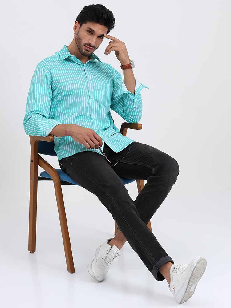 Cyan Stripe Printed Full Sleeve Shirt - Guniaa Fashions
