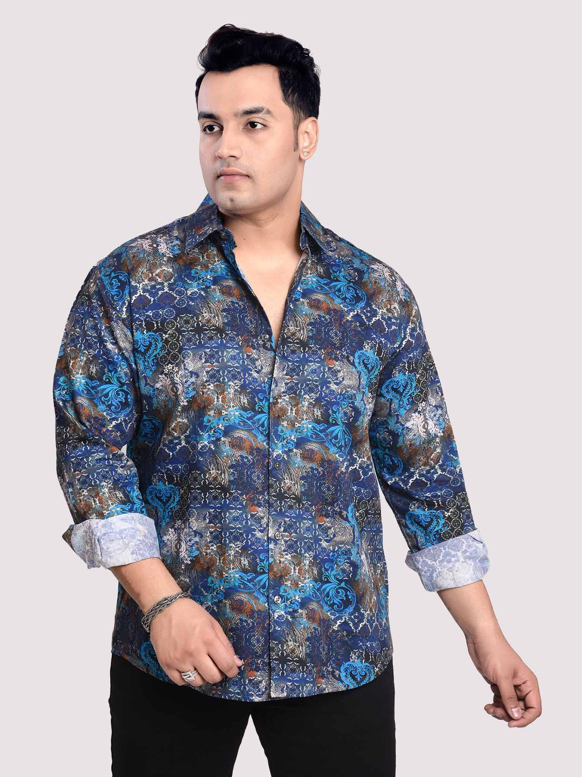 Electric Blue Mandal Printed Cotton Full sleeve Men's Plus size - Guniaa Fashions
