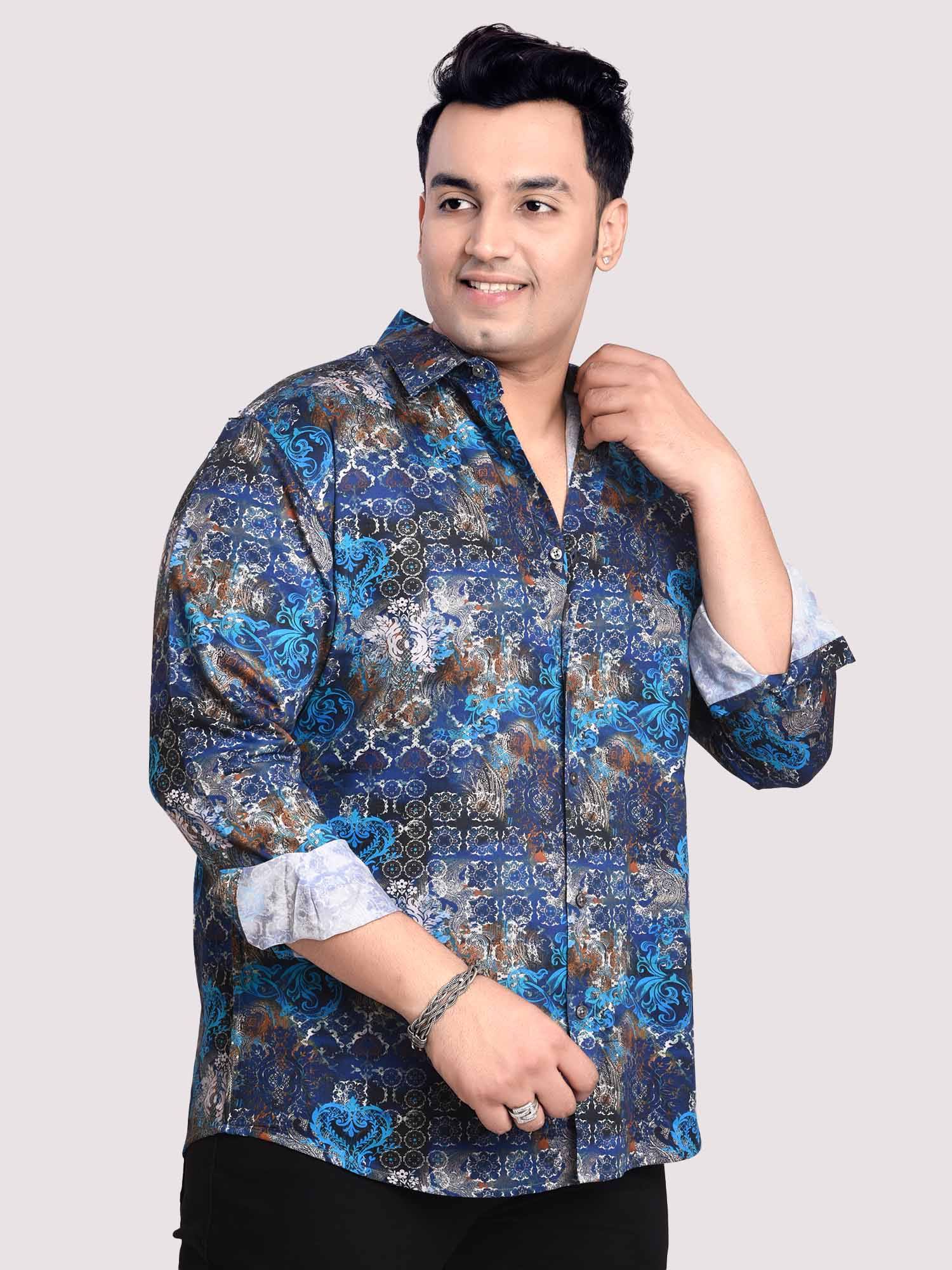 Electric Blue Mandal Printed Cotton Full sleeve Men's Plus size - Guniaa Fashions