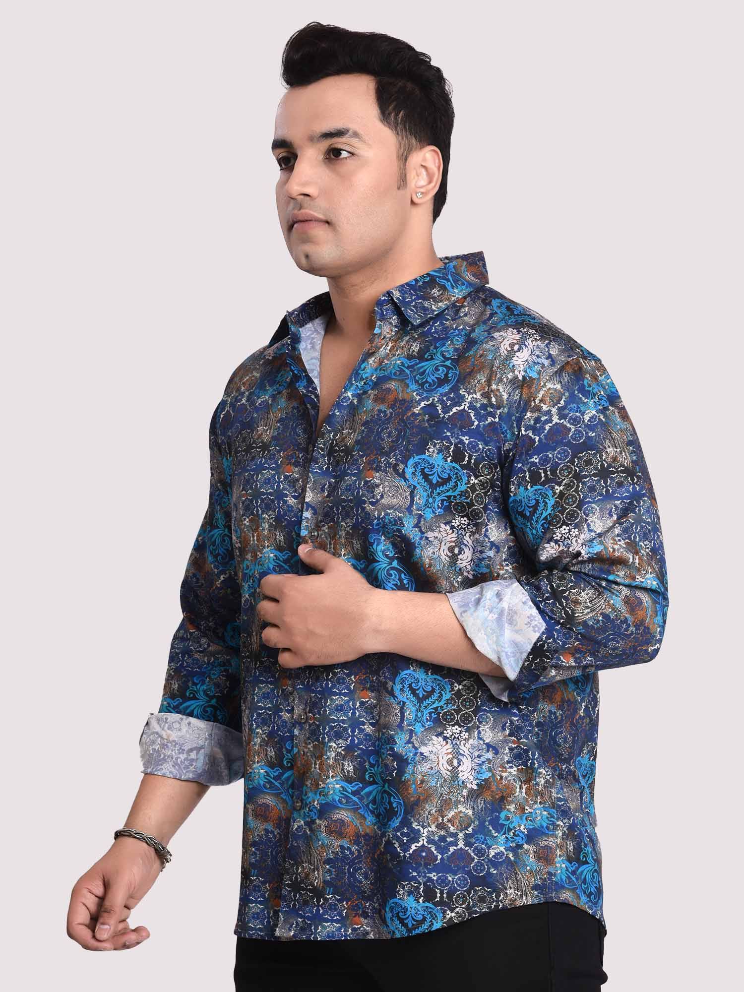 Electric Blue Mandal Printed Cotton Full sleeve Men's Plus size - Guniaa Fashions