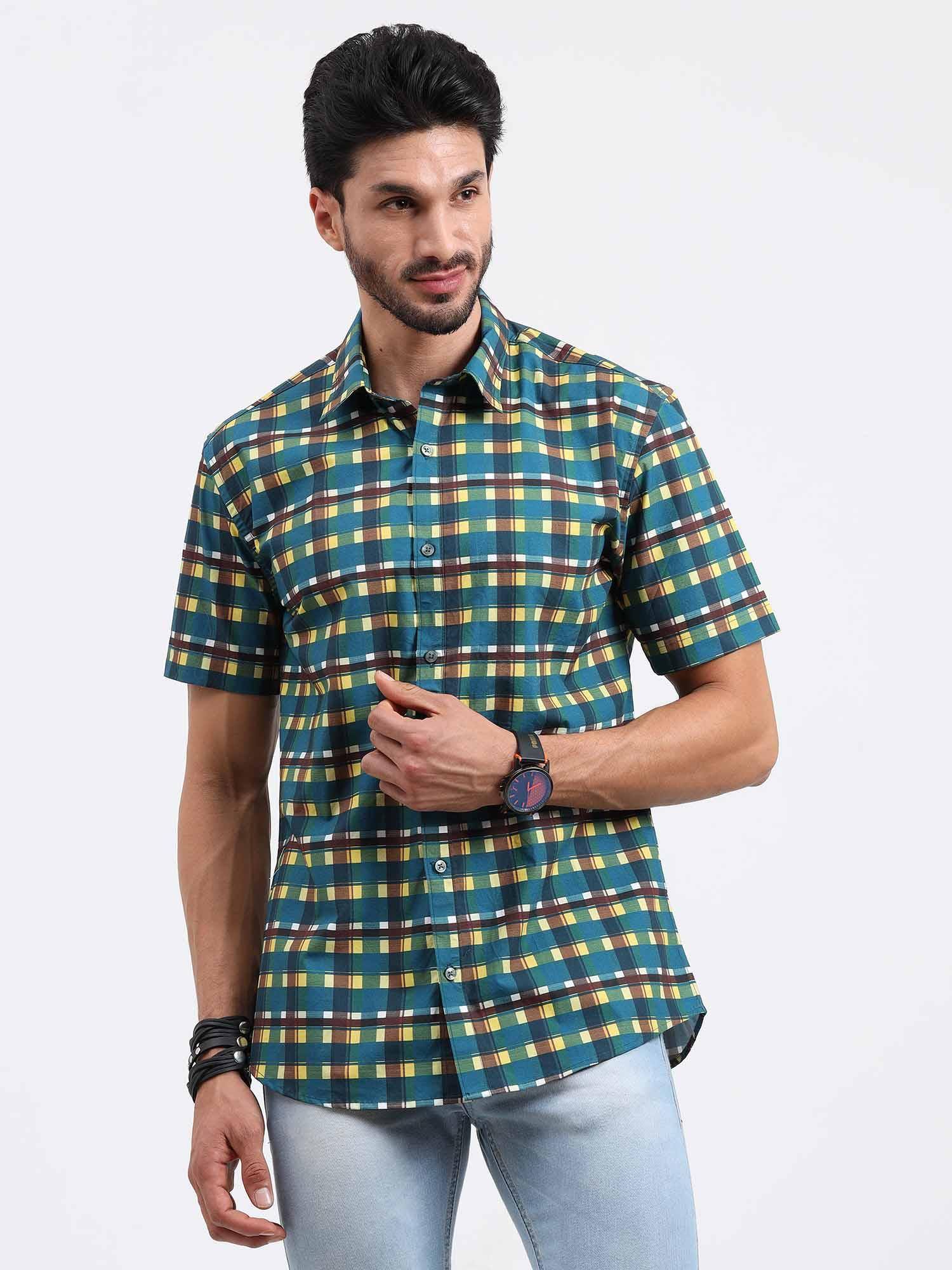 Emerald Yellow Check Cotton Half Sleeve Shirt - Guniaa Fashions