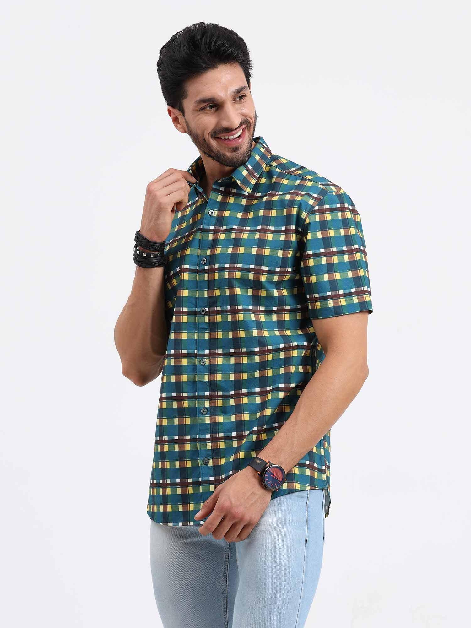 Emerald Yellow Check Cotton Half Sleeve Shirt - Guniaa Fashions