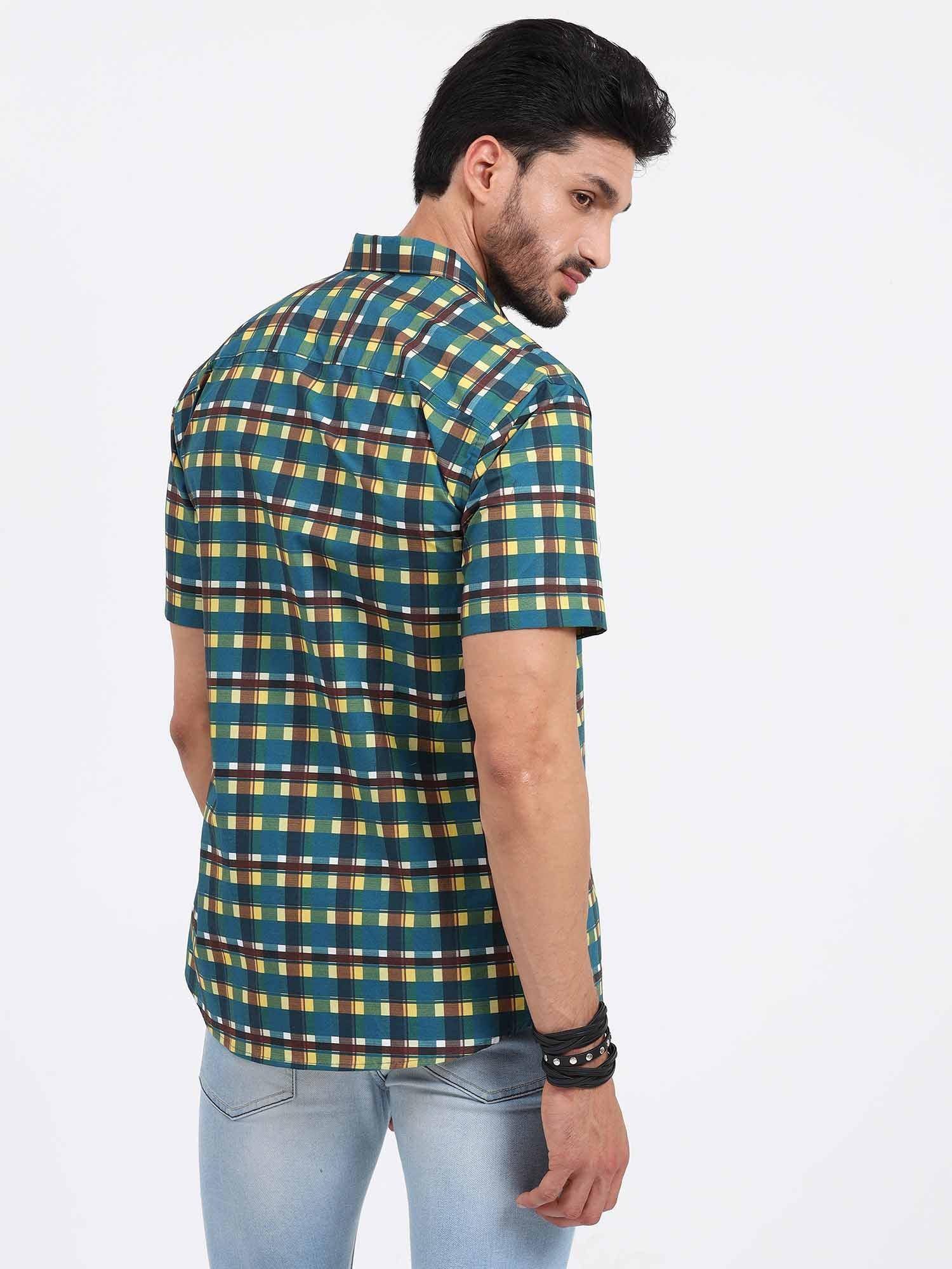 Emerald Yellow Check Cotton Half Sleeve Shirt - Guniaa Fashions