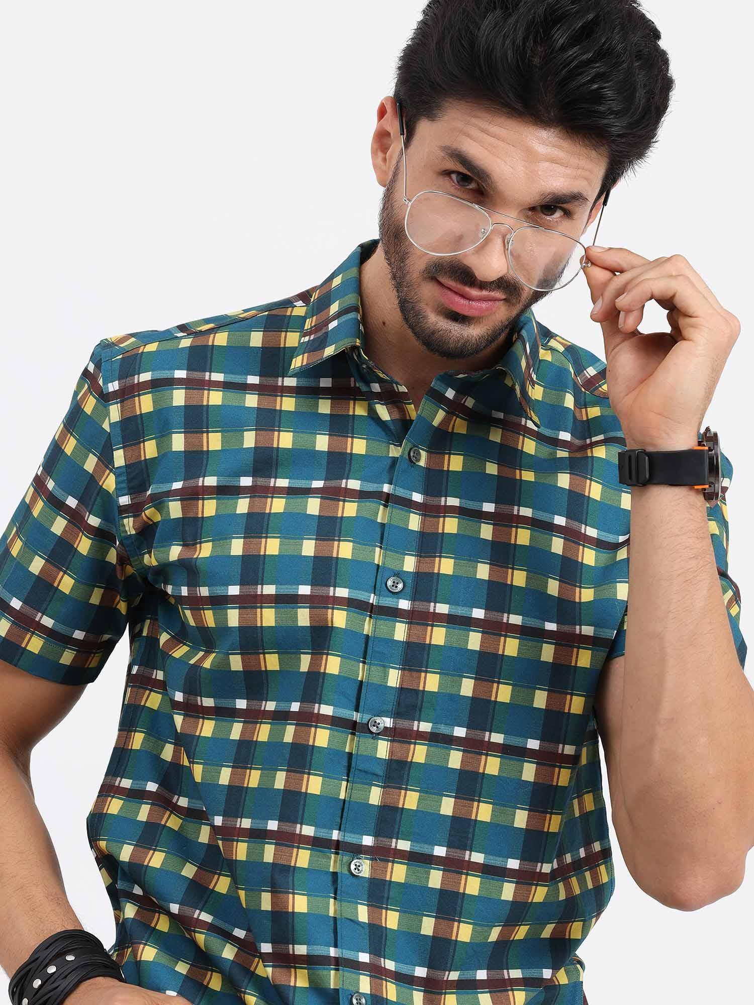 Emerald Yellow Check Cotton Half Sleeve Shirt - Guniaa Fashions