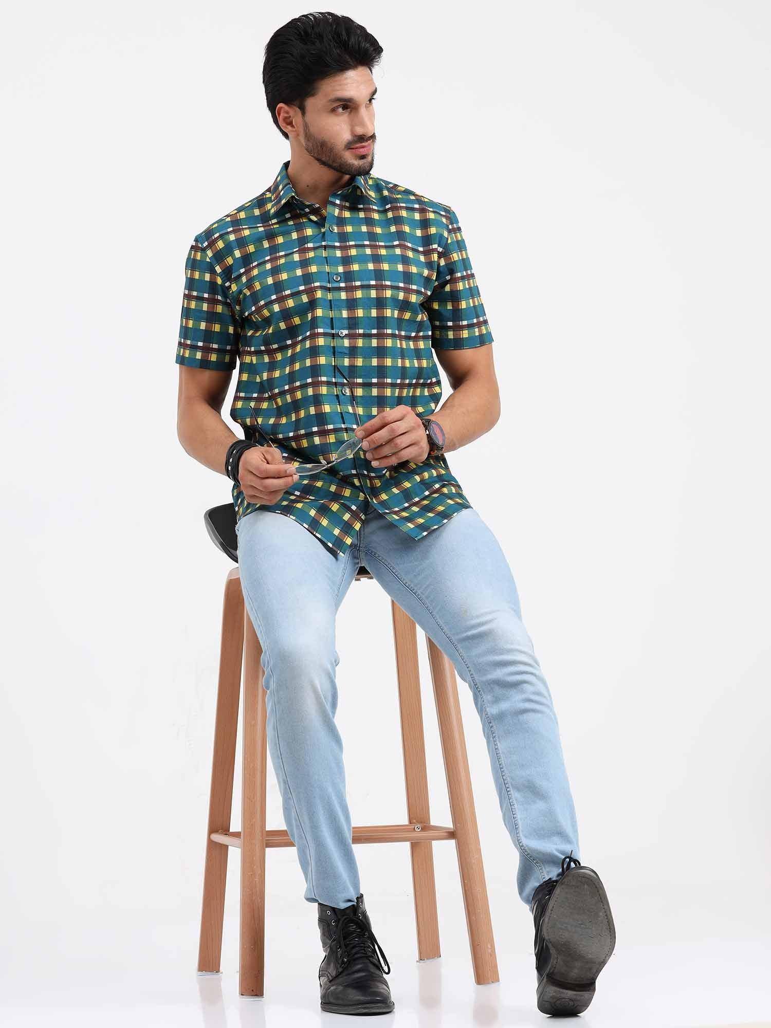 Emerald Yellow Check Cotton Half Sleeve Shirt - Guniaa Fashions