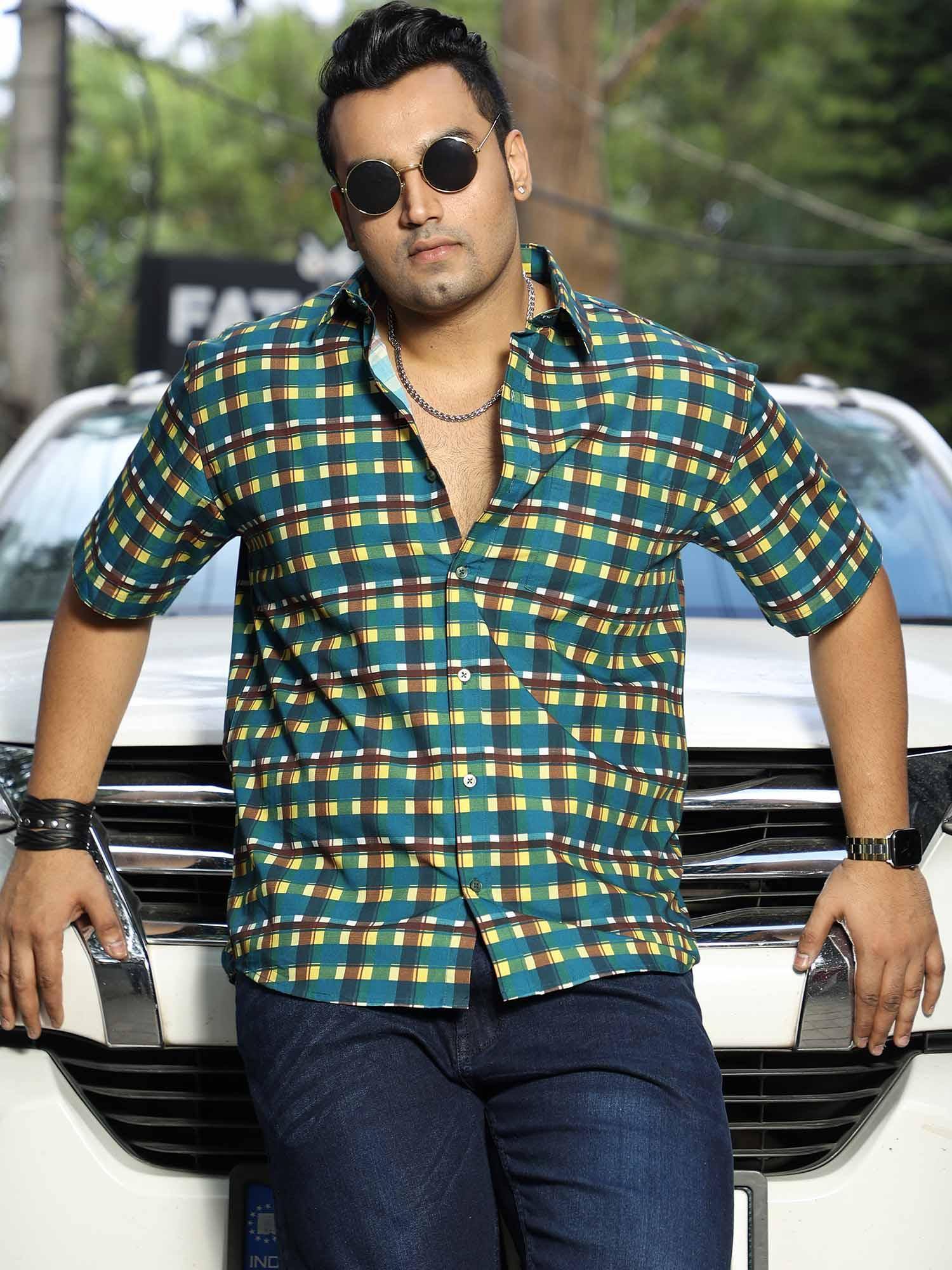 Emerald Yellow Check Cotton Half Sleeve Shirt Men's Plus Size - Guniaa Fashions