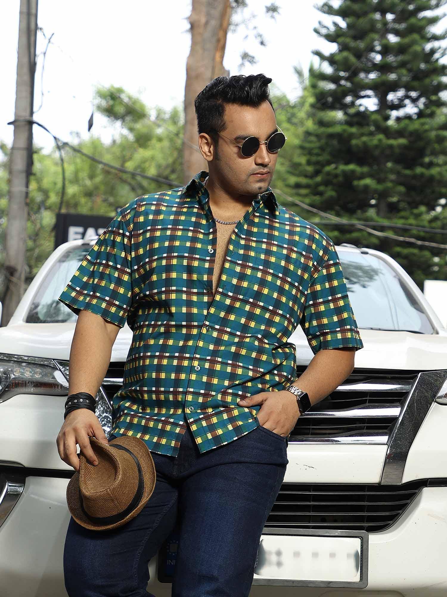 Emerald Yellow Check Cotton Half Sleeve Shirt Men's Plus Size - Guniaa Fashions