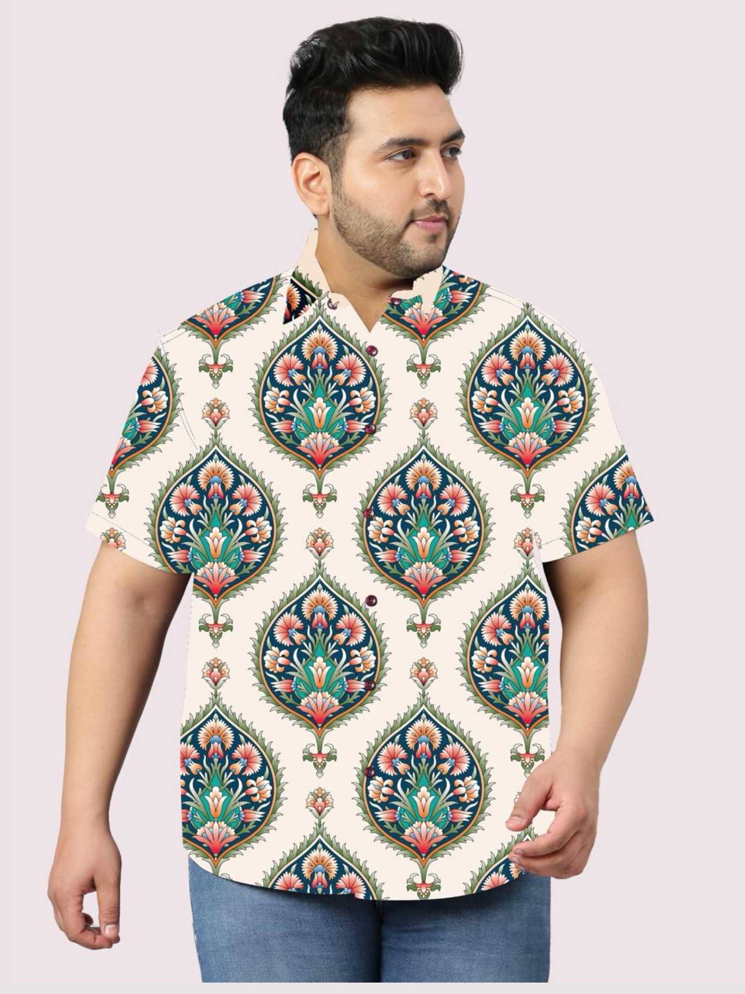 Ethnic Pattern Printed White Half Shirt Men's Plus Size - Guniaa Fashions