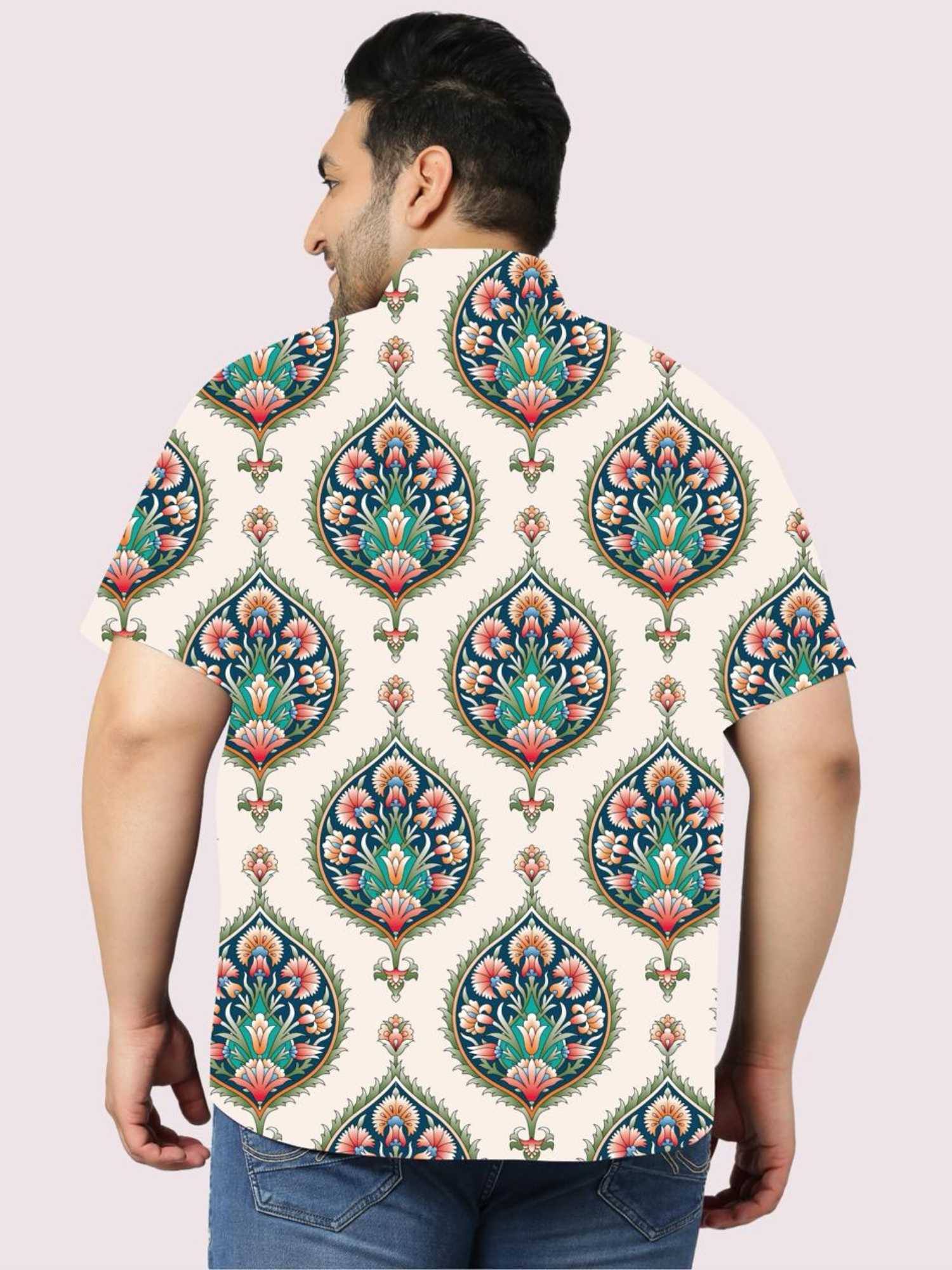 Ethnic Pattern Printed White Half Shirt Men's Plus Size - Guniaa Fashions