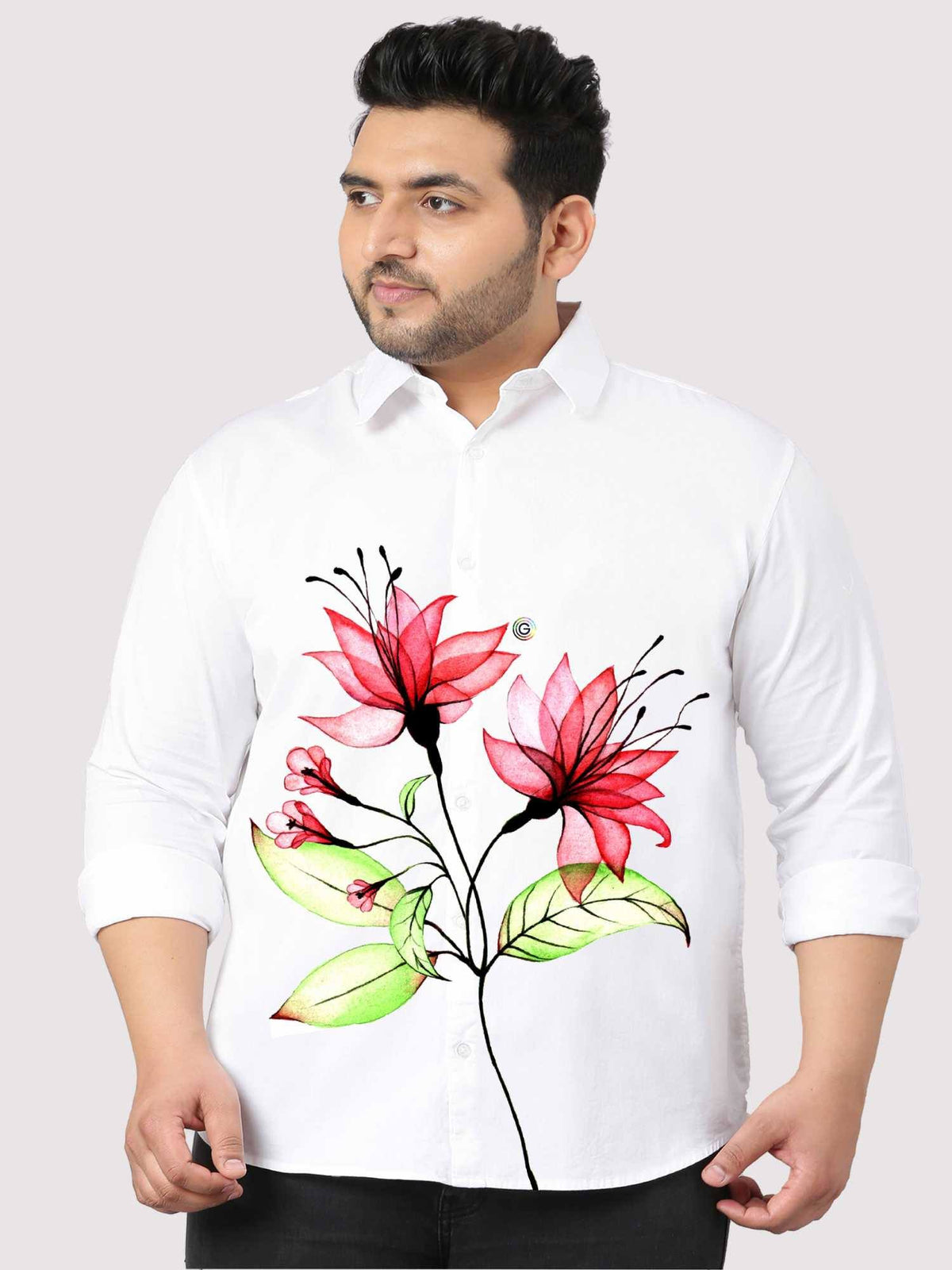 Floral Fusion Printed White Shirt Men's Plus Size - Guniaa Fashions