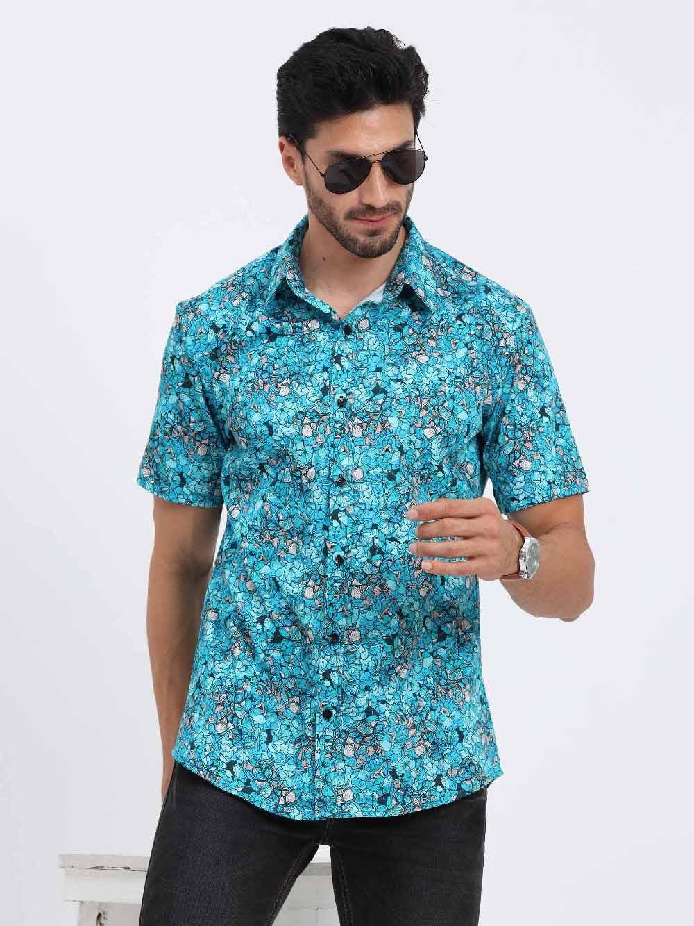 Floral Teal Printed Cotton Half Sleeve Shirt - Guniaa Fashions