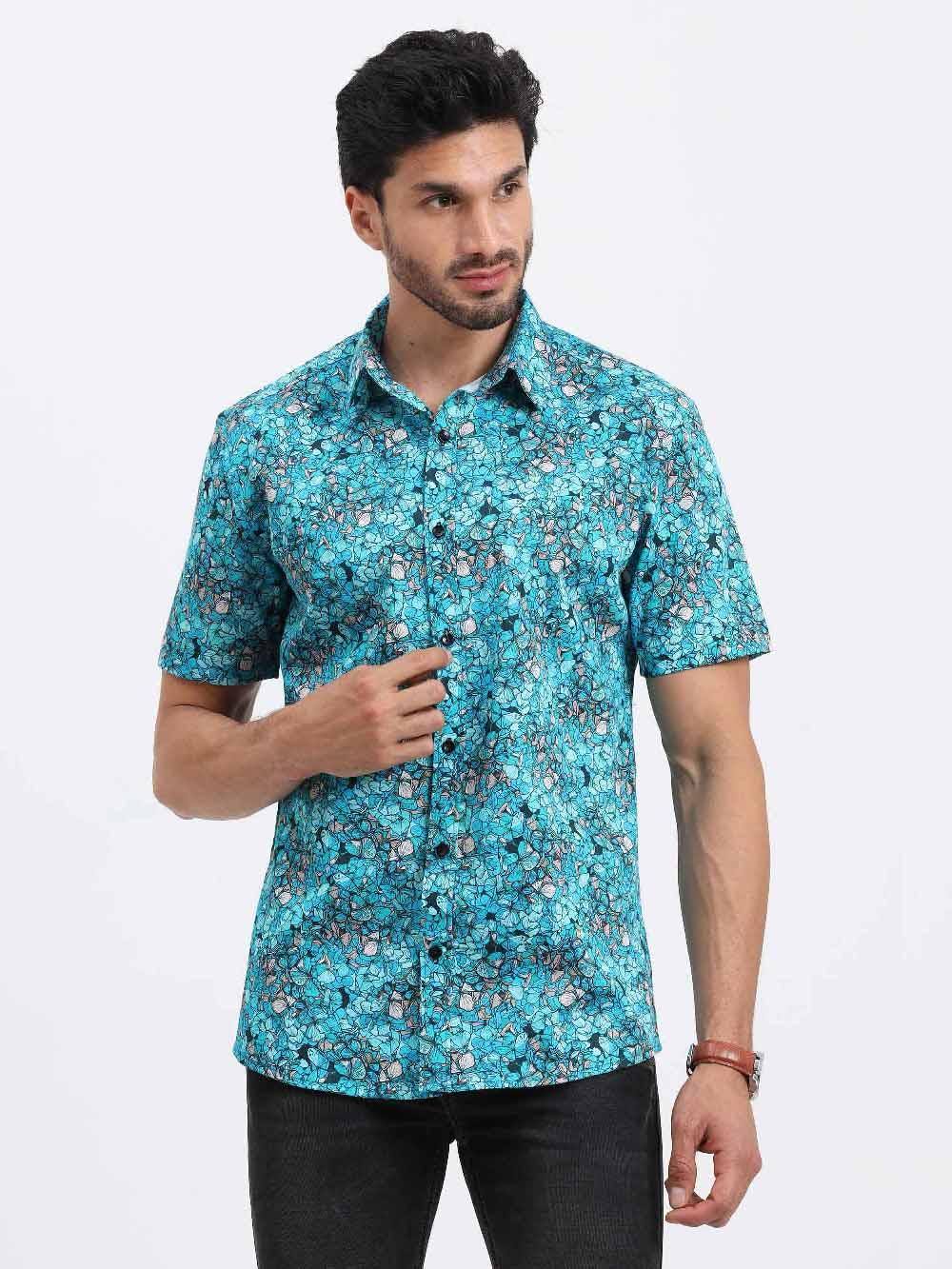 Floral Teal Printed Cotton Half Sleeve Shirt - Guniaa Fashions