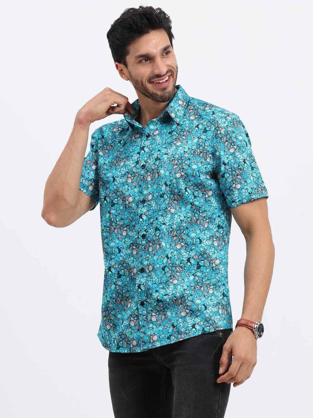 Floral Teal Printed Cotton Half Sleeve Shirt - Guniaa Fashions