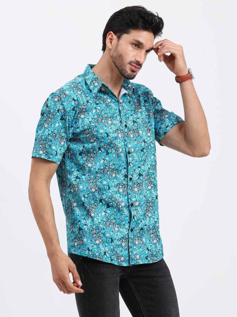 Floral Teal Printed Cotton Half Sleeve Shirt - Guniaa Fashions