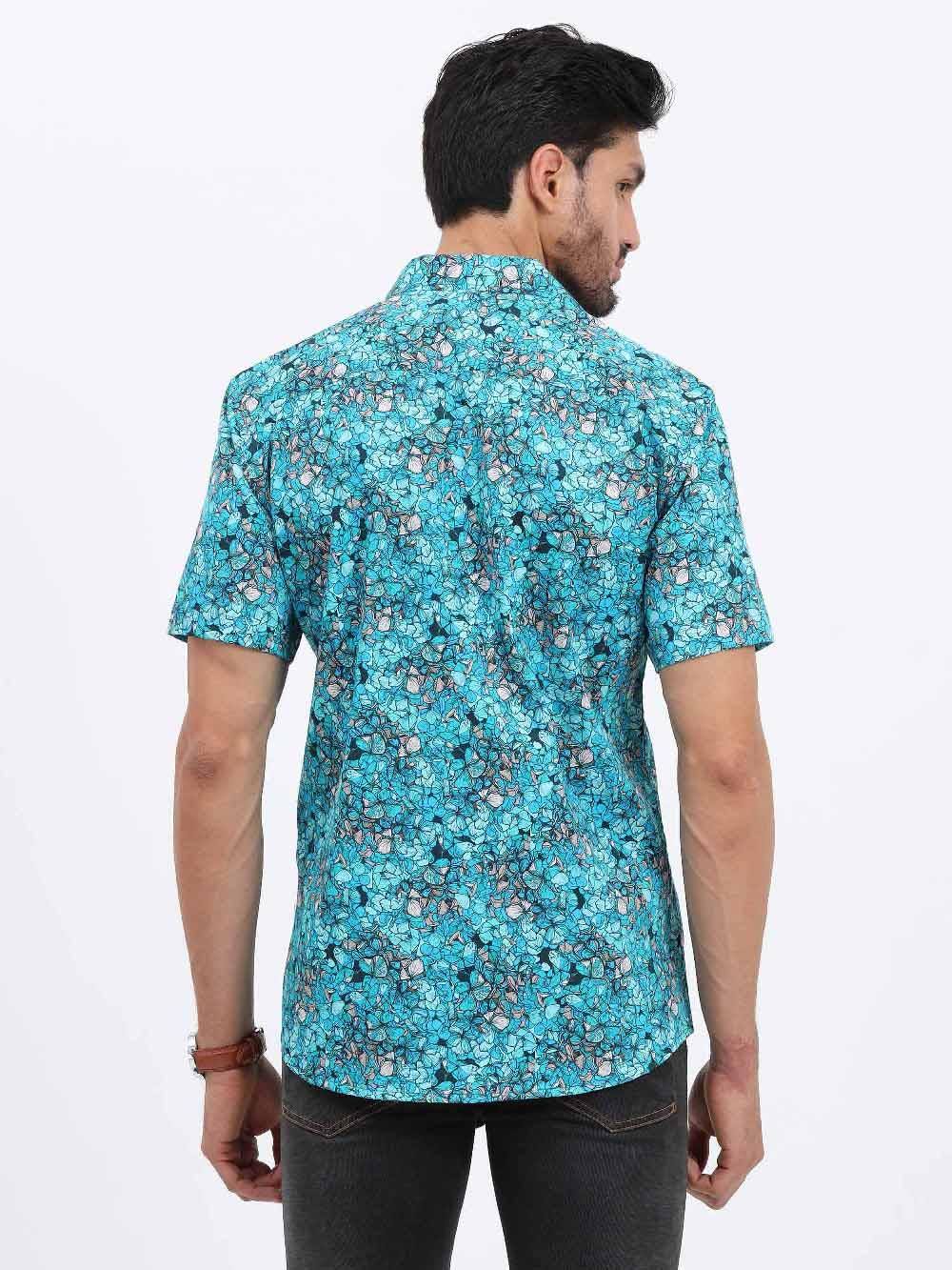 Floral Teal Printed Cotton Half Sleeve Shirt - Guniaa Fashions