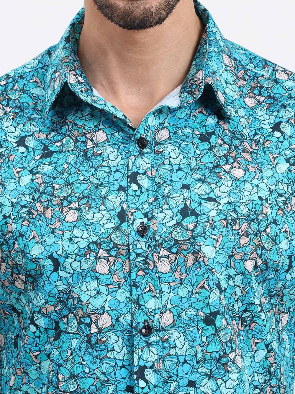 Floral Teal Printed Cotton Half Sleeve Shirt - Guniaa Fashions