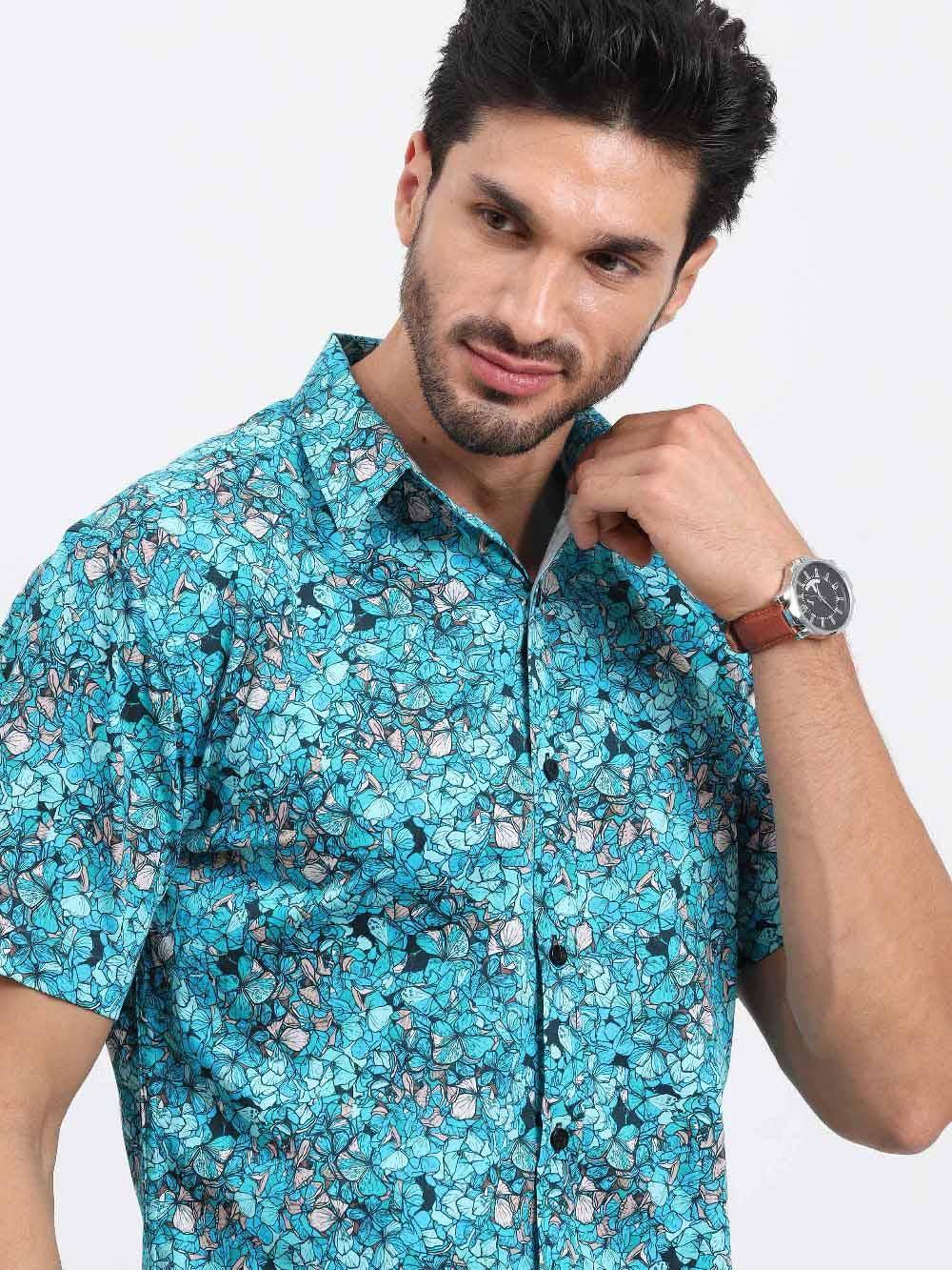 Floral Teal Printed Cotton Half Sleeve Shirt - Guniaa Fashions