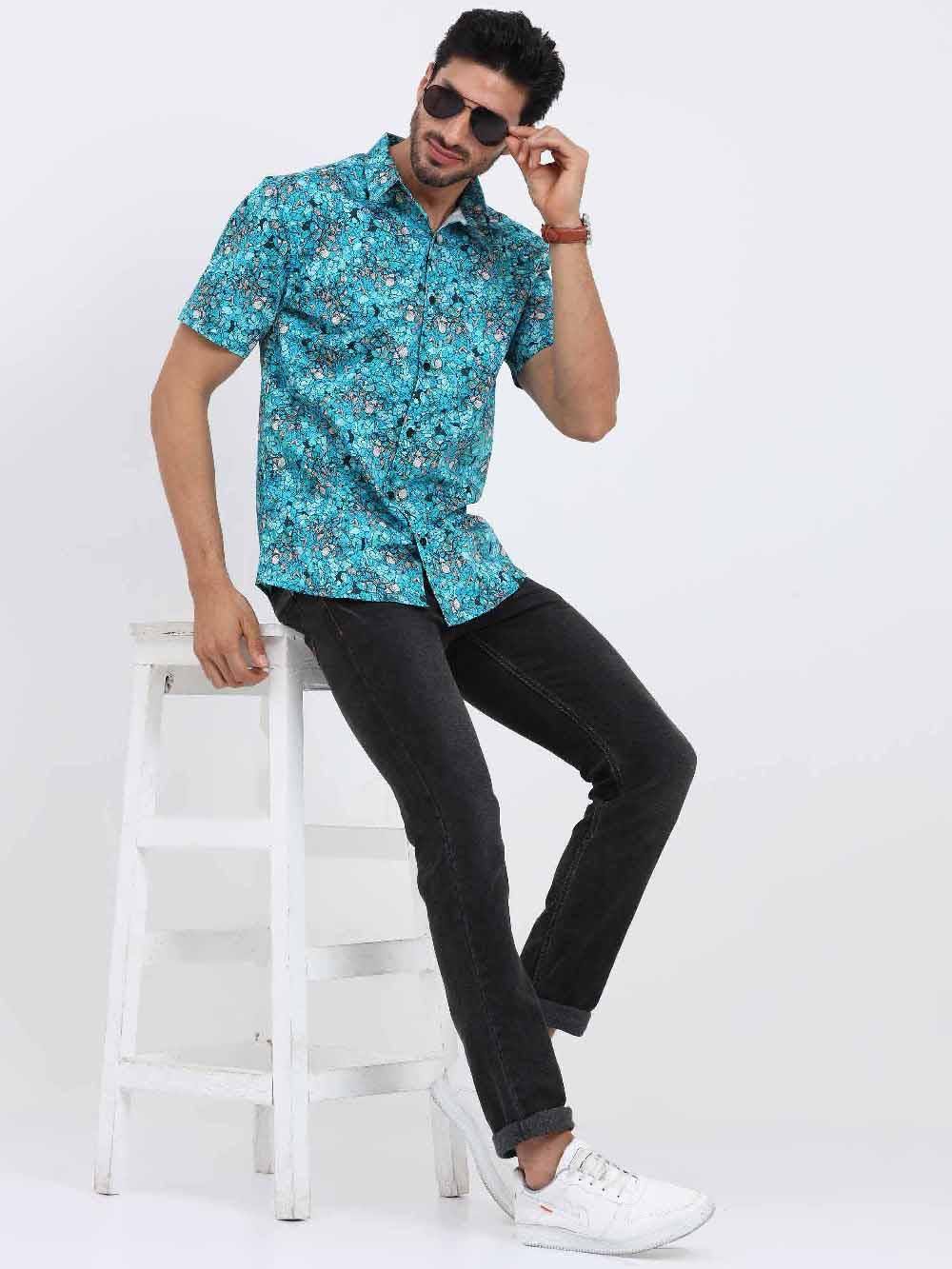 Floral Teal Printed Cotton Half Sleeve Shirt - Guniaa Fashions